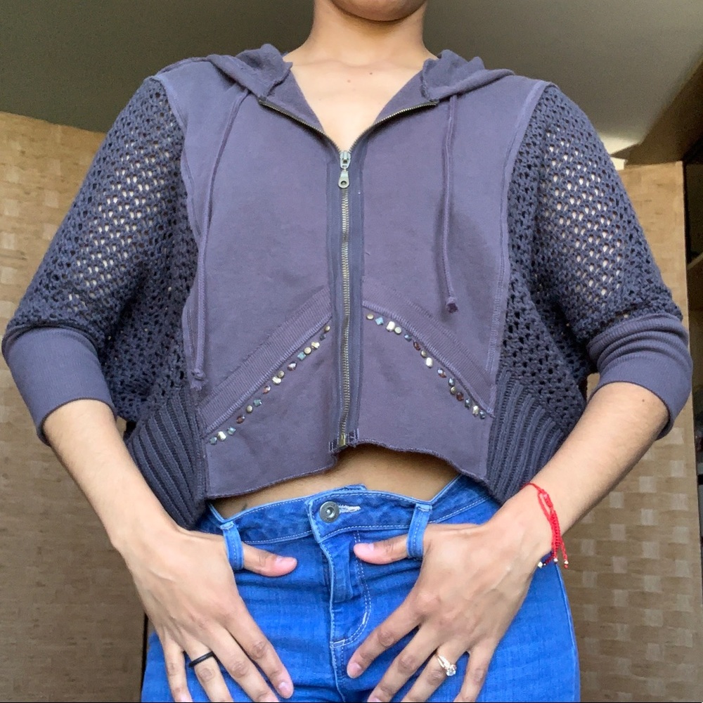 Free People grey crochet/jeweled zip up hoodie Size Medium